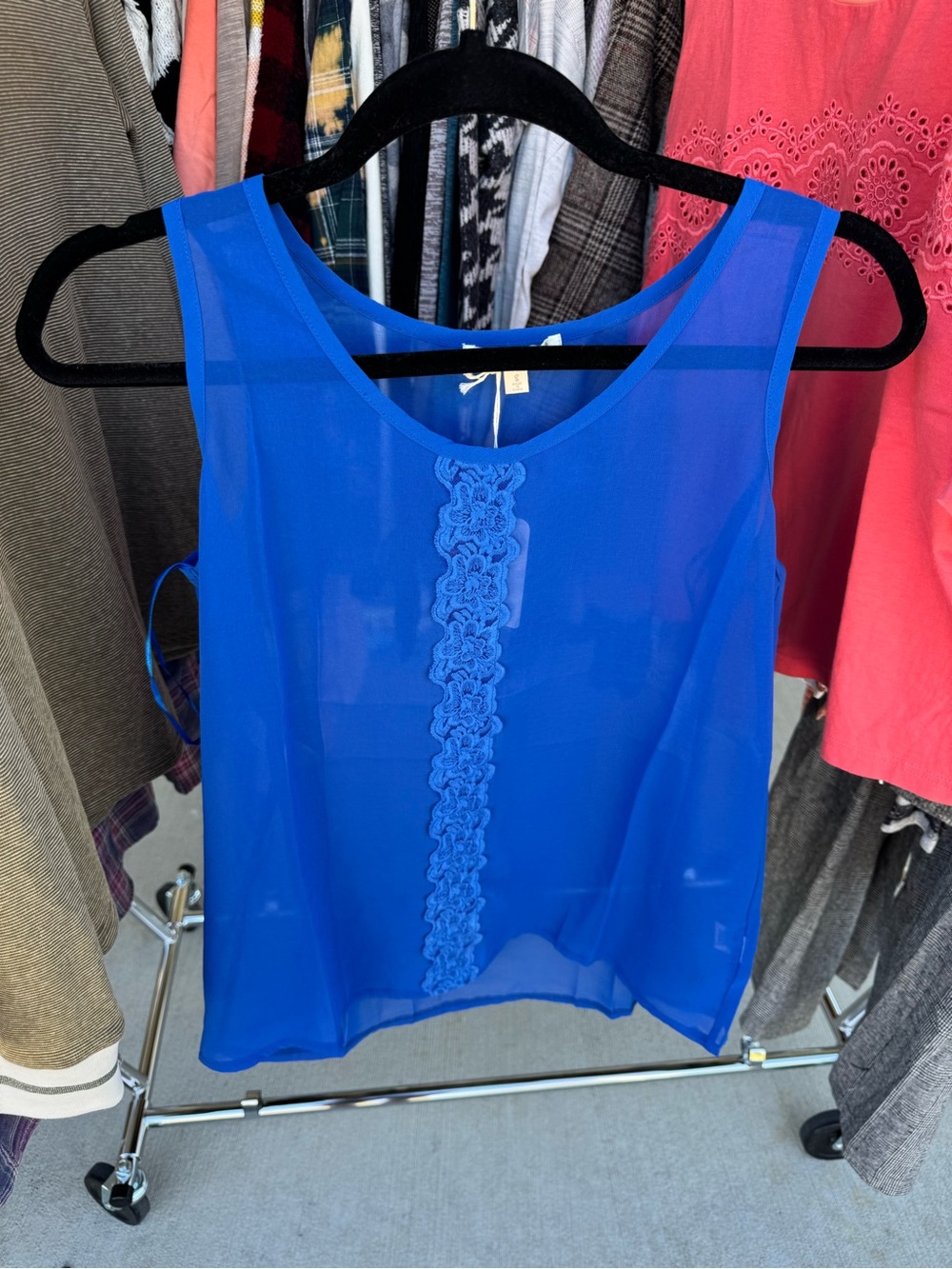 Hem & Thread Sheer Floral-Trim Camisole in Royal Blue